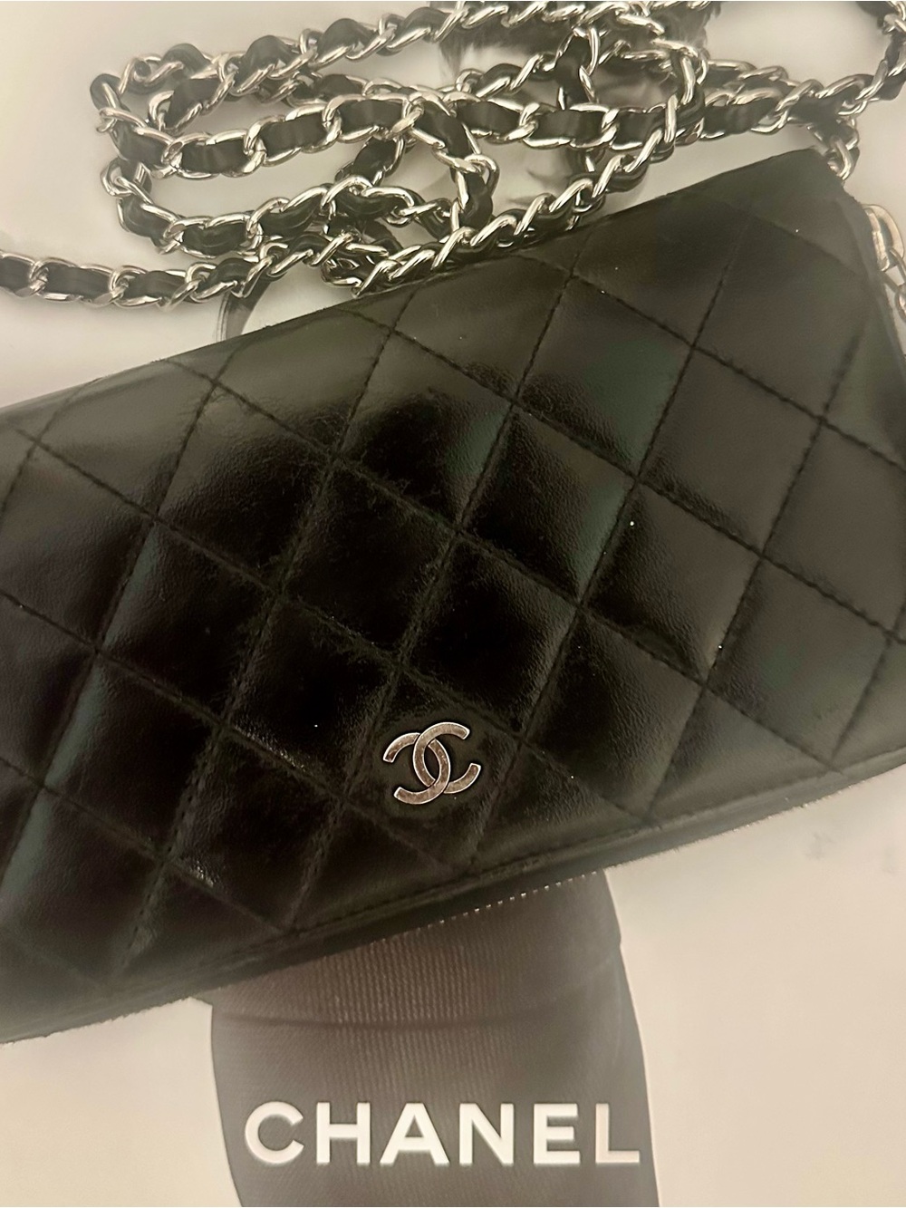 Authentic CHANEL Black Quilted Lambskin Crossbody with Silver Chain. Customized